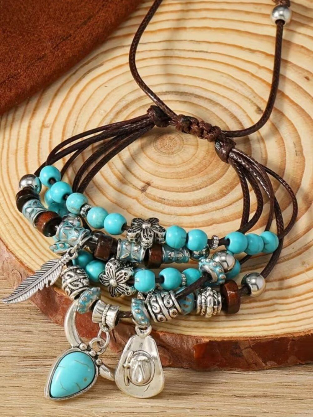 NWT Boho Multilayer Faux Turquoise Charm Bracelet Silver Tone Rope Wood Cord